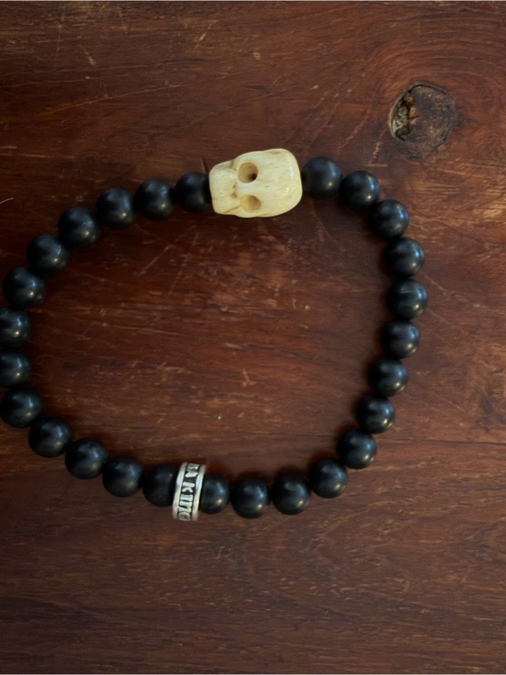 King Baby Studio Black Bead Bracelet with Cream Skull and Silver Accent